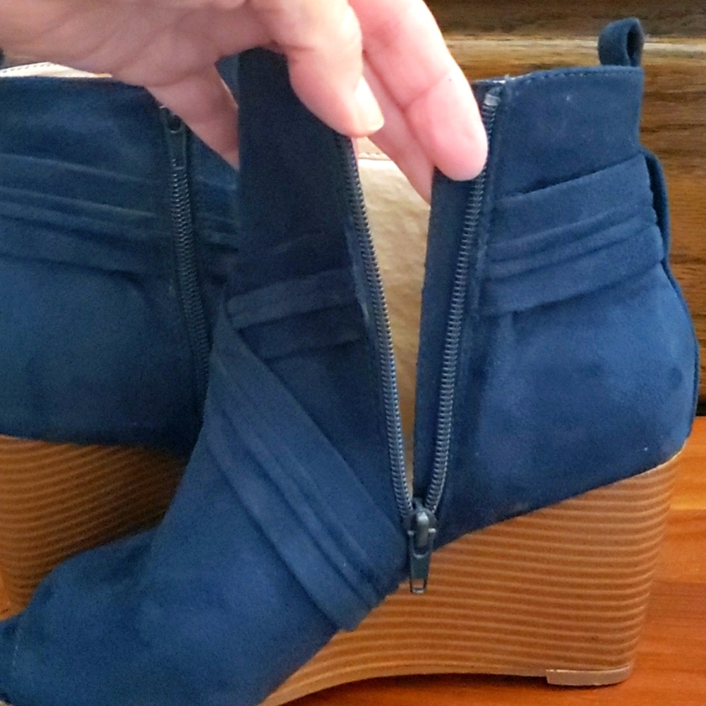 Journee Collection Navy Blue Suede Peep-Toe Ankle Booties - Picture 7 of 7